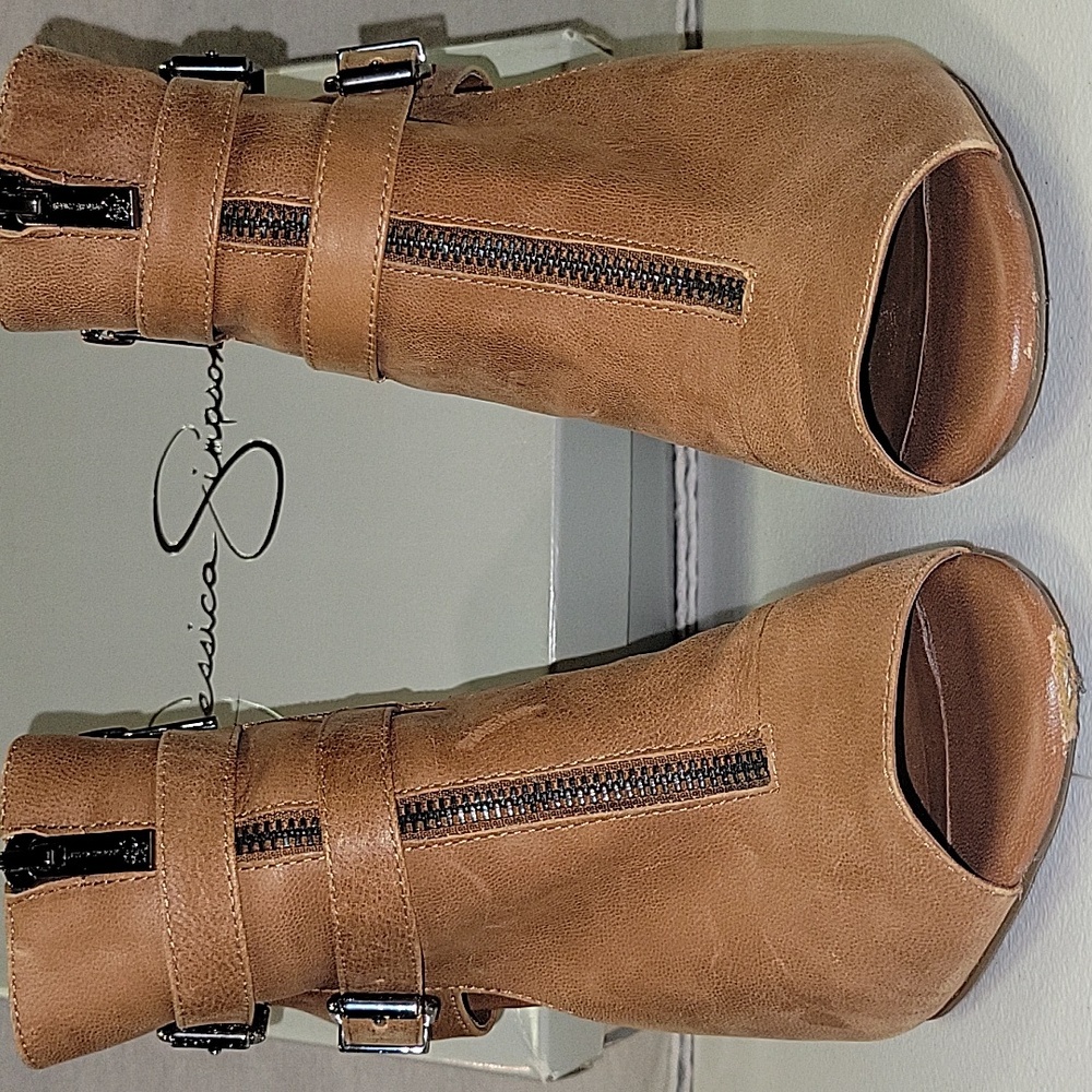 Jessica Simpson Tan Peep-Toe Ankle Boots